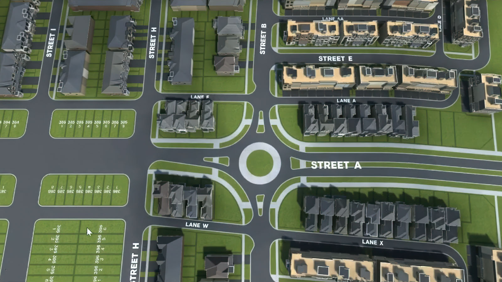 The community map showing which lots are available for purchase, and which have already been sold and configured.